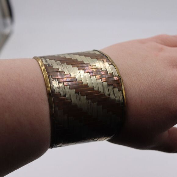 Vintage Copper Braided Woven Cuff Bracelet Bohemian Avant Garde Wide Cuff - Picture 6 of 10